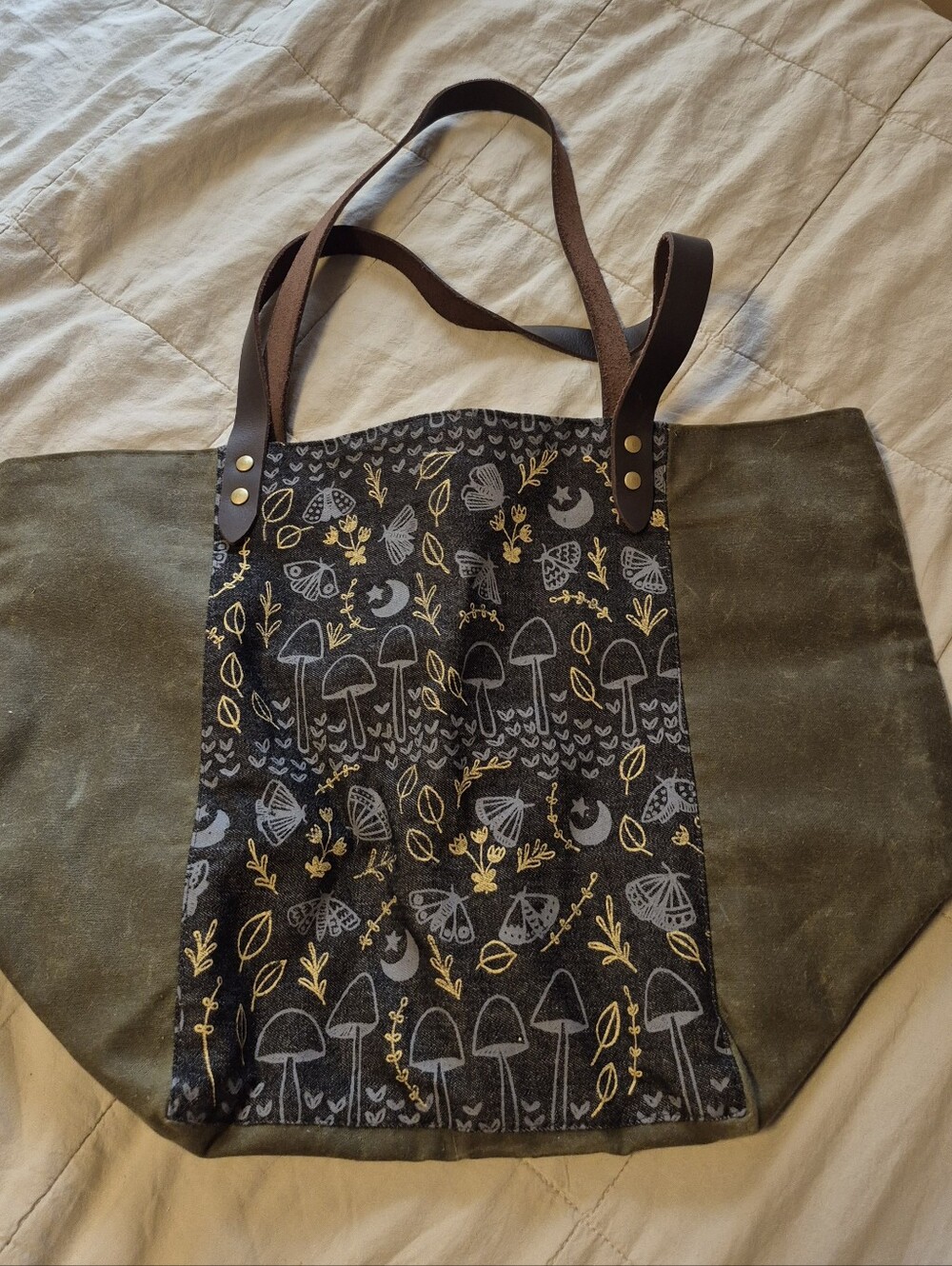 Jenna Rose Handmade Waxed Canvas Moth Mushroom Tote Bag